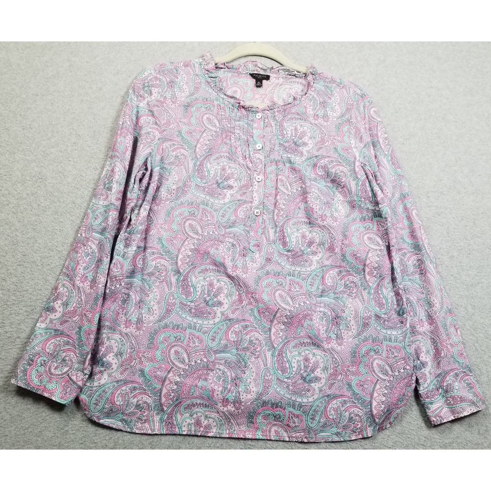 Talbots Top Women Petite Medium PM Paisley Long Sleeve Preppy Blouse See Through